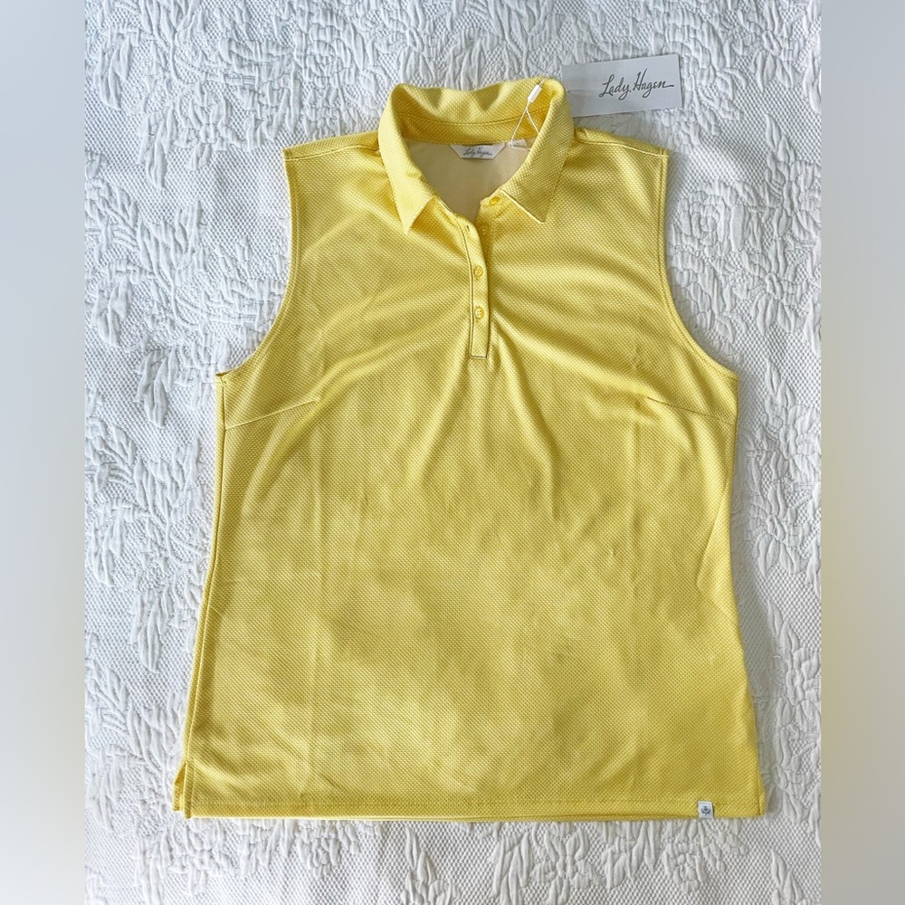 NWT Lady Hagen Women's Jacquard Sleeveless Golf Polo Tank Dandelion Yellow Large